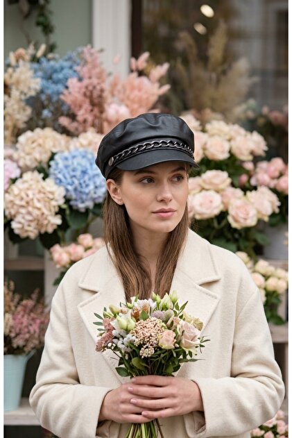 Chain Detailed Black Leather Cap Hat Women's Winter Newsboy Hat Faux Leather Stylish Cap Model