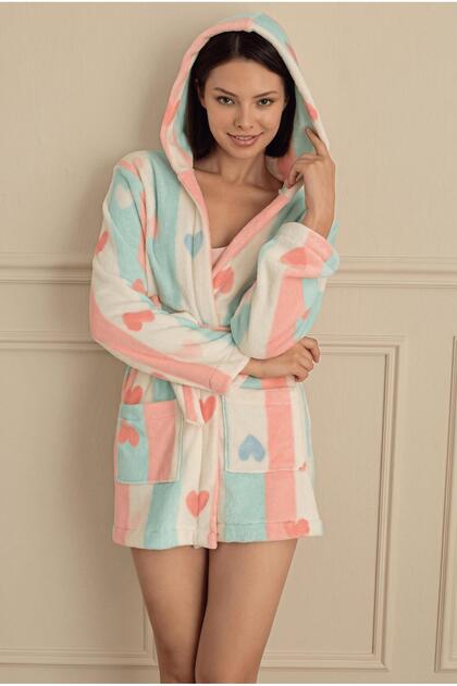 Women's Long Sleeve Welsoft Hooded Blue-Pink Short Dressing Gown C7T7N281