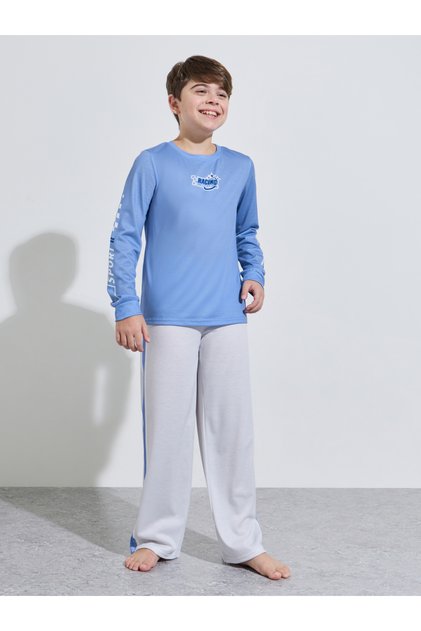 Teen Boys Blue Printed Long Sleeves T-Shirt and Side Striped Pants Pyjama Set