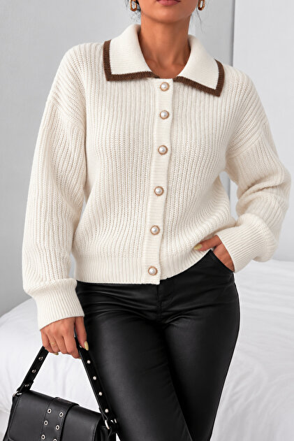 Women's Button Detailed Sport Shirt Collar Knitwear Sweater