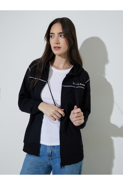 Black Regular Fit Longline Hoodie with Piping Detail