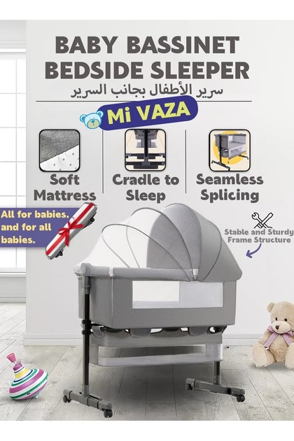 سرير أطفال فاخر بجانب السرير، سرير أطفال مع سلة تخزين كبيرة، طقم سرير أطفال للسفر 3 في 1، سرير أطفال مع شبكة مانعة للبعوض قابلة للتهوية