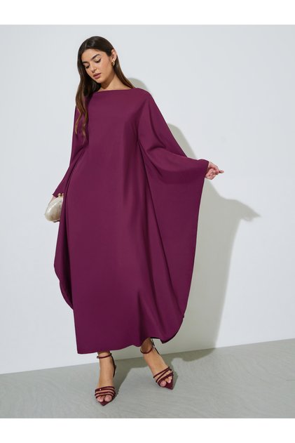 Purple Solid Batwing Sleeves Maxi Kaftan Dress