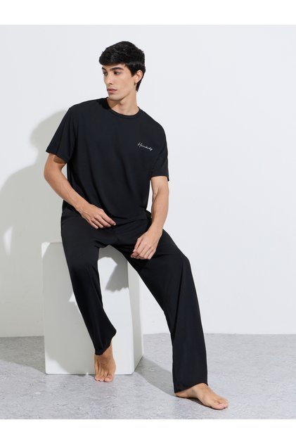Black Slogan Print T-Shirt and Straight Leg Pants Pyjama Set