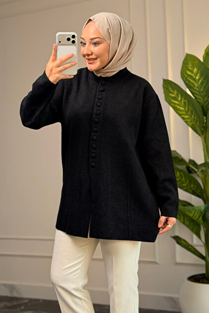44378 - Stylish and Comfortable Felt-Polyester Buttoned Women's Knitwear Long Cardigan