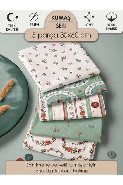 %100 Pamuk Kumaş Panel Seti 5 Farklı Desen 30x60 cm – Vintage Çiçek Desenli, Yeşil ve Pembe Tonlarında