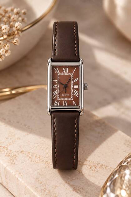 Blanco Women's Wristwatch Brown Dial Silver Color Rectangular Case Brown Leather Band Roman Numeral Minimal Vintage Classic Elegant Analog Watch 2026