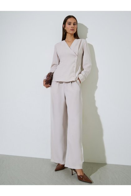 Beige Solid V-Neck Shirt and Wide Leg Trousers Set