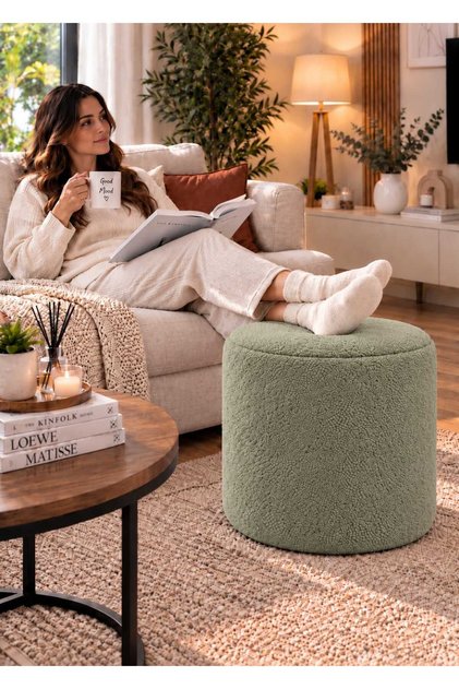 Nuvia Teddy Puf 35x36 cm Yumuşak Dokulu Kumaş Kaymaz Tabanlı Dekoratif Makyaj ve Oturma Pufu ADAÇAYI YEŞİLİ
