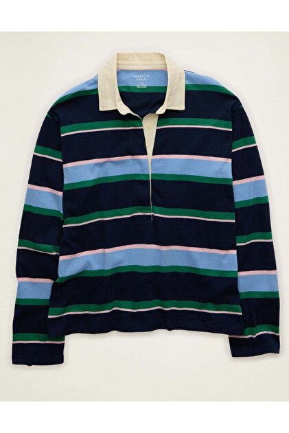 AE Long-Sleeve Striped Rugby Polo Shirt