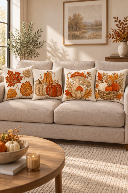 Autumn Pumpkin and Leaf Patterned Punch Look Decorative Throw Pillow Cover Set of 4 (Double-Sided)