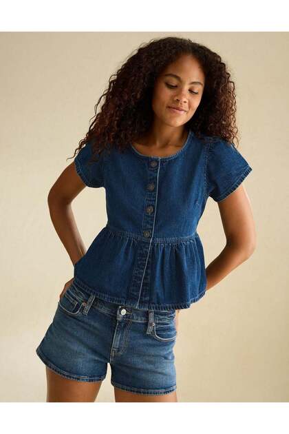AE Short-Sleeve Denim Peplum Top
