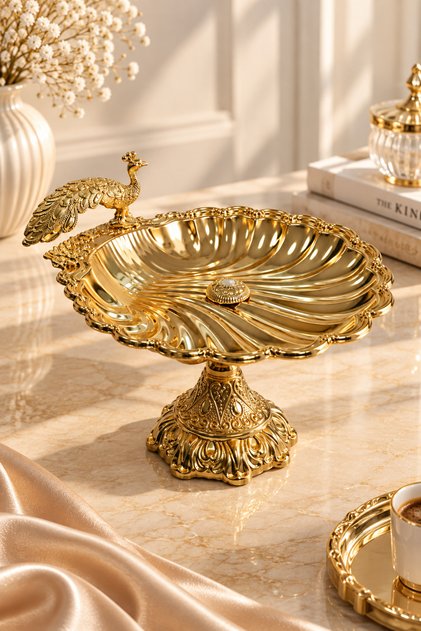 Tavus Kuşu Figürlü Ayaklı Gold Dekoratif Sunum Tabağı Büyük0