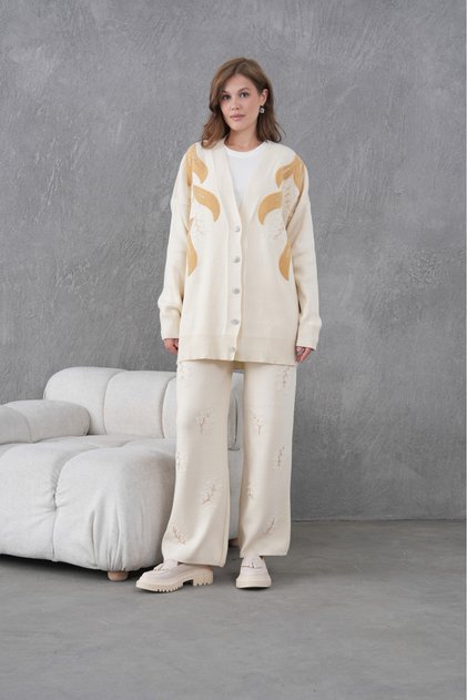 Women's Embroidered Wide Fit Knitwear Cardigan Pants Bottom Top Set