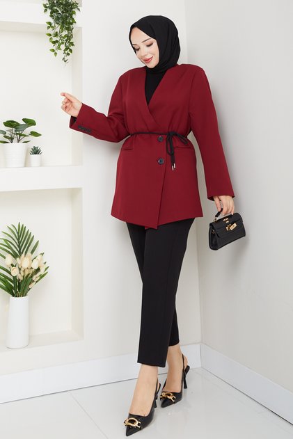 Geniş ceket ipli bordo oversize