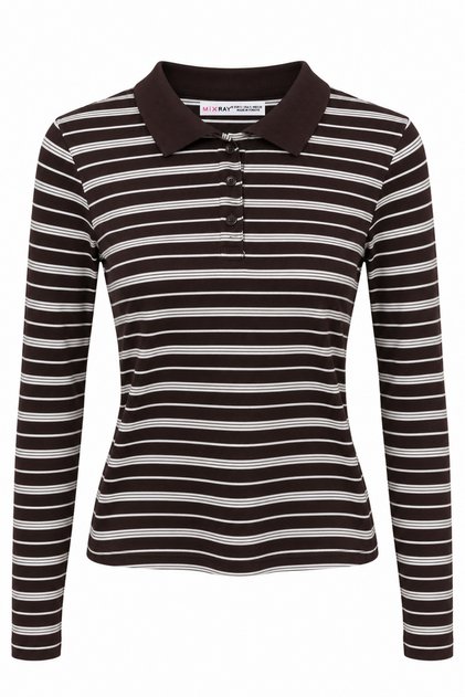 2252 Women's Striped Polo Collar Long Sleeve Slim Fit Blouse Brown