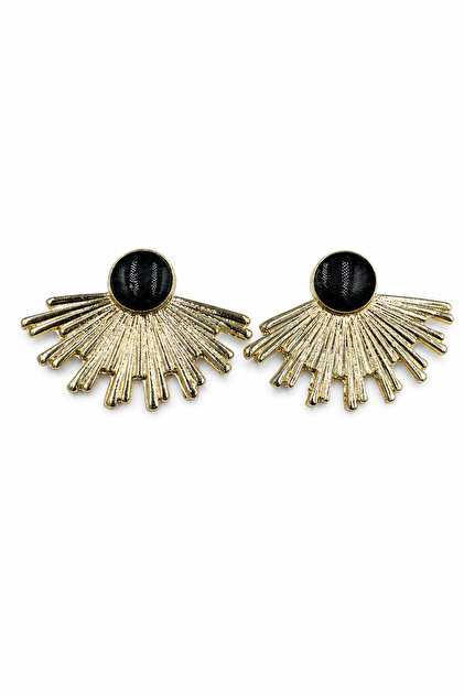 Stylish Women's Yellow Color Black Stone Fan Patterned Bijouterie Earrings for Daily and Special Occasions