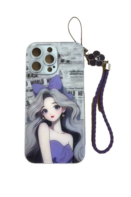 Anime Girl Print Phone Case with Purple Bow, Newspaper Design, Camera Lens Protection & Wrist Strap Charm for iPhone 14 Pro Max