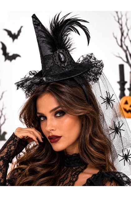 Halloween Lüks Cadı Şapkası Taç Örümcek Tüllü Tüylü Siyah Cadılar Bayramı Saç Aksesuarı