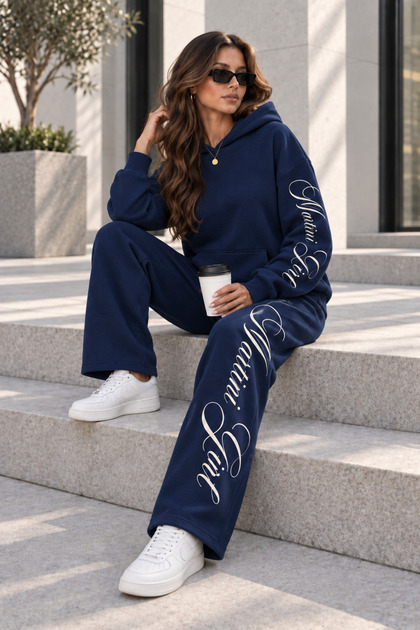 Unisex Women's Men's Martini Girl Sleeve and Leg Printed Oversize 3 Thread Hooded Sweatshirt and Baggy Sweatpants
