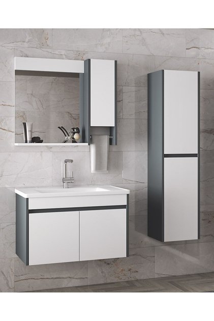 Estella 65+35 cm Seramik Lavabolu Antrasit Beyaz MDF Boy Dolaplı Banyo Dolabı Seti Hazır Kurulu