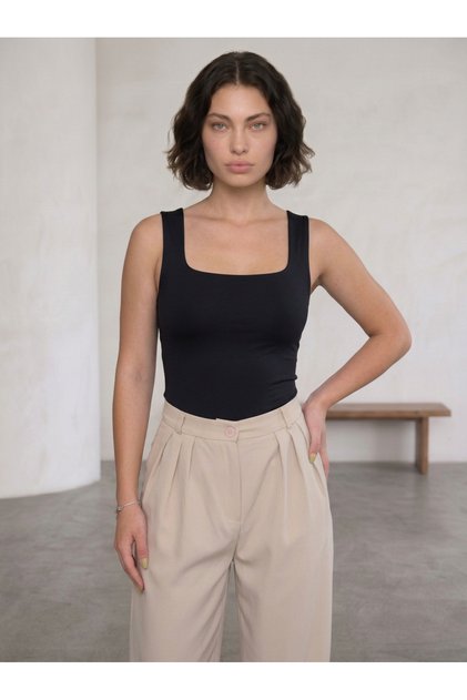 Kadın Kare Yaka Çift Kat Göğüs Destekli Kalın Askılı Çıtçıtlı %95 Pamuklu Bodysuit