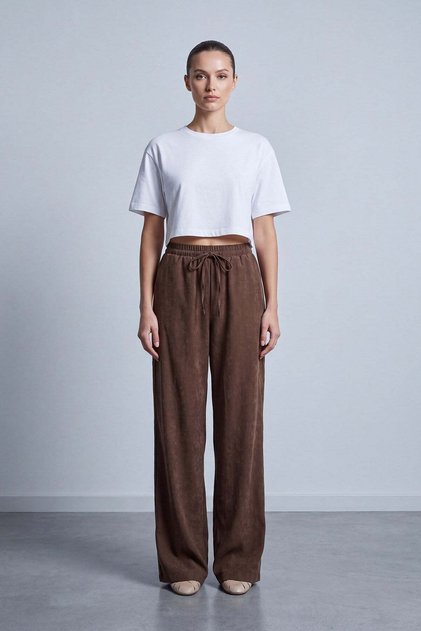 Waist-Tied Wide Leg Suede Trousers Brown 18273