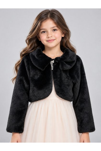 Girl's Black Plush Fur Bolero | Stone-Embellished Brooch, Long Sleeves