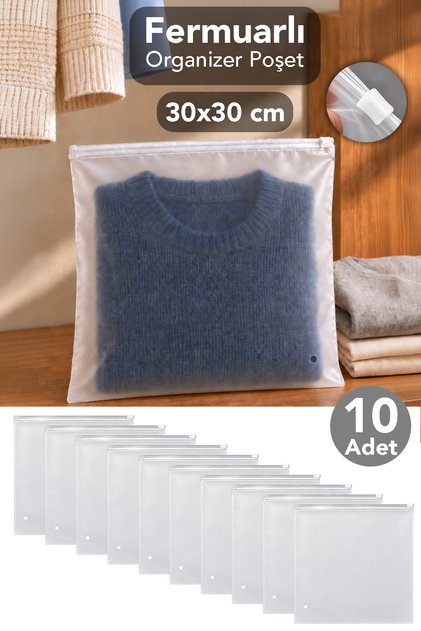 10 Adet 30x30cm Fermuarlı Düzenleyici - Bavul Valiz Seyahat Organizer Çok Amaçlı Şeffaf Buzlu Poşet