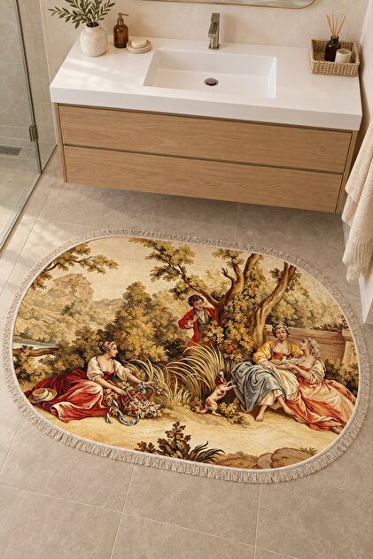 Kır Buluşması Patterned Sports Fringed Non-Slip Bath Mat 80X115 cm