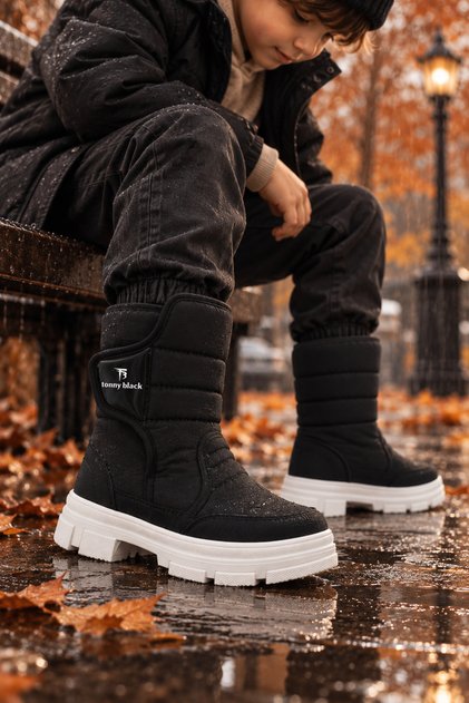 Çocuk Unisex Siyah Bej Rahat Kalıp İçi Kürklü Cırtlı Bot