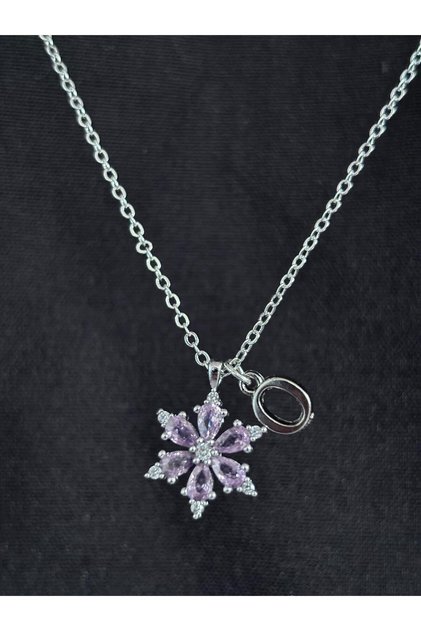 Pink Zircon Stone Lotus Flower O Letter Women's Steel Necklace