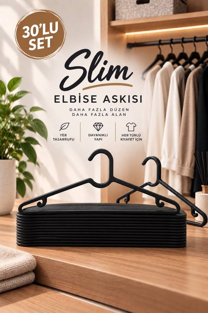 30 Adet Slim Elbise Askısı - Esnek ve Dayanıklı Kıyafet Gömlek Atkı Eşarp Pantolon Askısı
