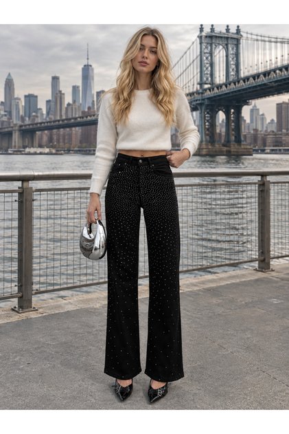 Women's Stone Detailed Wide Leg Pants