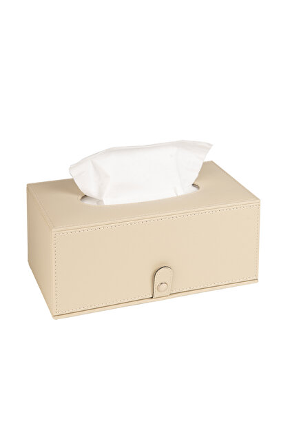 Premium Tasarım Vegan Deri Mendil ve Peçete Kutusu Maksi Boy Peçetelik 24x13x10 cm. Bej