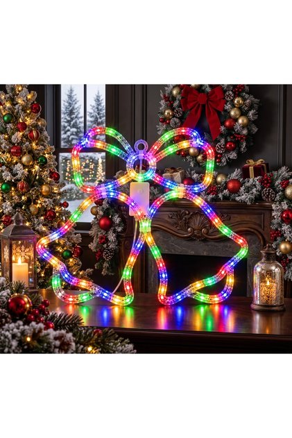 Коледна светеща фигурка с 50 LED, многоцветна, Infiniteea ™️ Модел камбанка с празнична панделка, 8 светлинни режима, прозрачен PVC маркуч, двойно захранване (мрежа и батерии), IP44 защита от влага, декорация