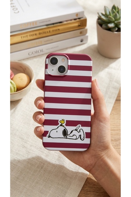 iPhone 13 / 14 Uyumlu Snoopy Desenli Beyaz Çizgili Soft Touch Silikon Telefon Kılıfı