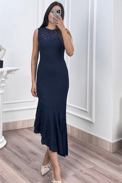 Women's Summer Navy Tulle Lace Lined Round Neck Sleeveless Asymmetrical Cut Long Dress 50425