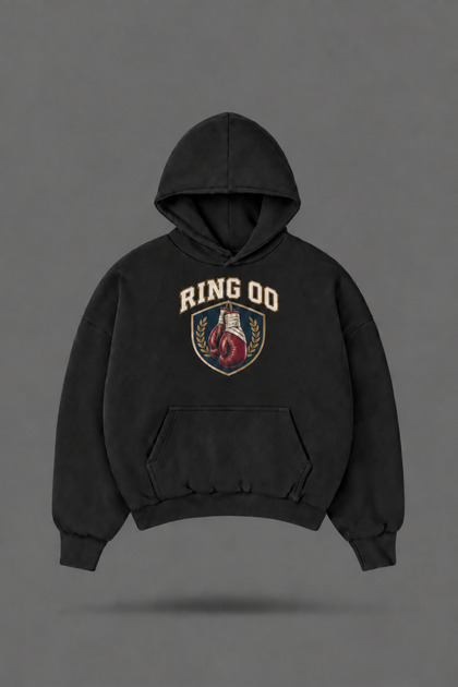 Hanorac negru supradimensionat cu glugă și imprimeu Ring Boxing