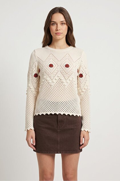 Ecru Floral Embroidered Pompom Openwork Knitwear Sweater