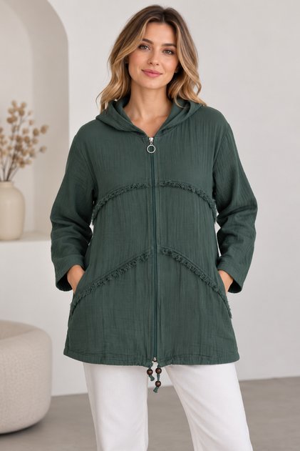 Hooded Zippered 100% Cotton Muslin Jacket with Tassel Detail and Drawstring Pocket, Lightweight Women's Jacket