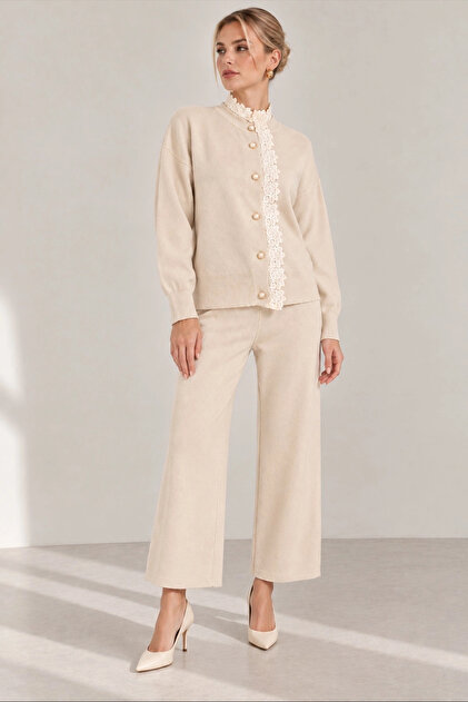 Women's Ecru Stylish Lace Detailed Cardigan Pants Top and Bottom Two-Piece Knitwear Set