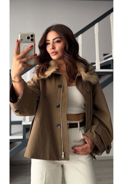 Khaki Detachable Fur Collar Trench Coat