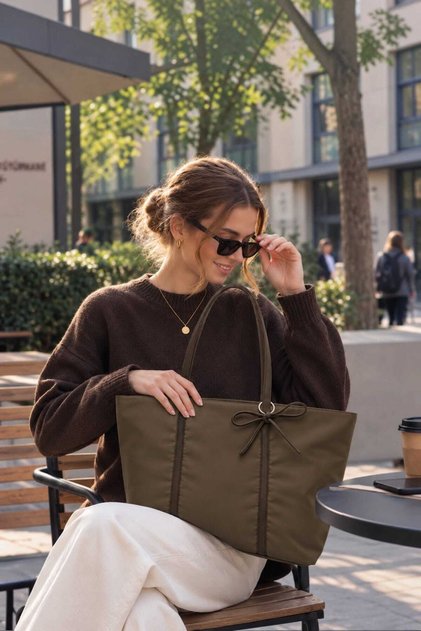 Persley Fiyonklu Shopper Omuz Çantası Kahve