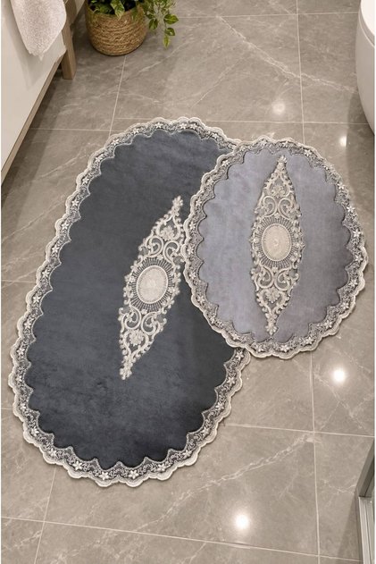 Isola Bella Non-Slip Base, Dowry Velvet Lace Detailed 2-Piece Super Luxury Oval Bath Mat Set