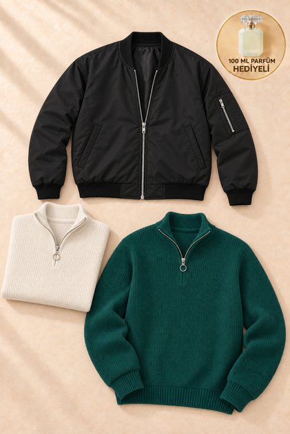 3-Piece Men's Combination Set – 2 Thessaloniki Sweaters + 1 Bomber Jacket, with Perfume Gift