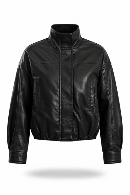 Black Faux Leather Bomber Jacket 100020