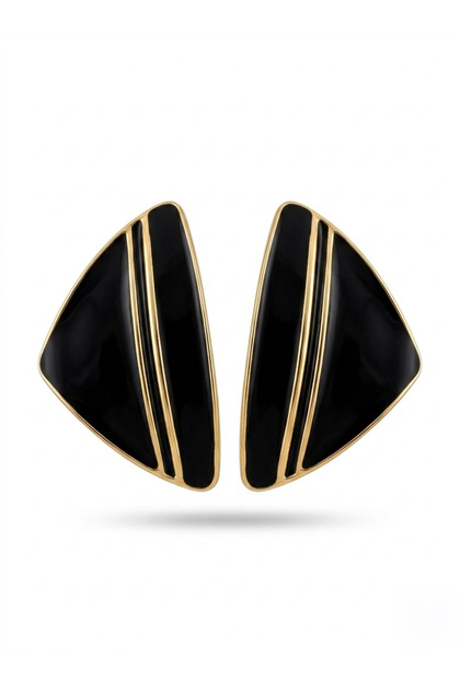 Black Enameled Striped Triangle Earrings