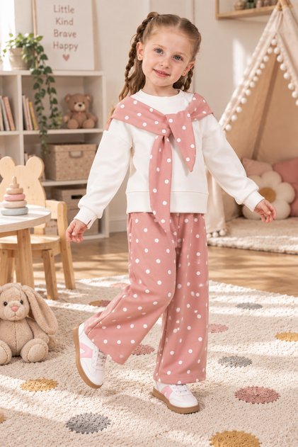 Girl's Polka Dot Wide-Leg Pants Cotton Sweatshirt Set 2-3-4-5 Years Old Pink - Purple
