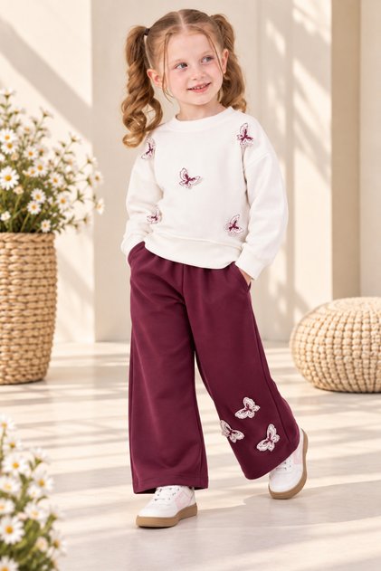 Girl's Butterfly Detailed Sweatshirt Wide-Legged Trousers Set 2-3-4-5 Years Old Pink Claret Red Brown